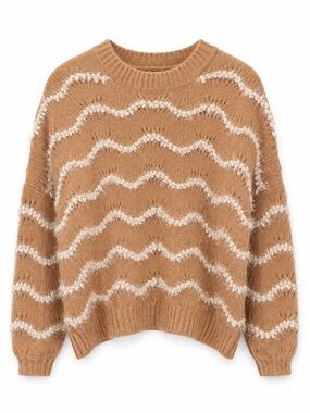 Heartloom Oversized Camel & Cream Wavy Textured Knit sweater Size XS